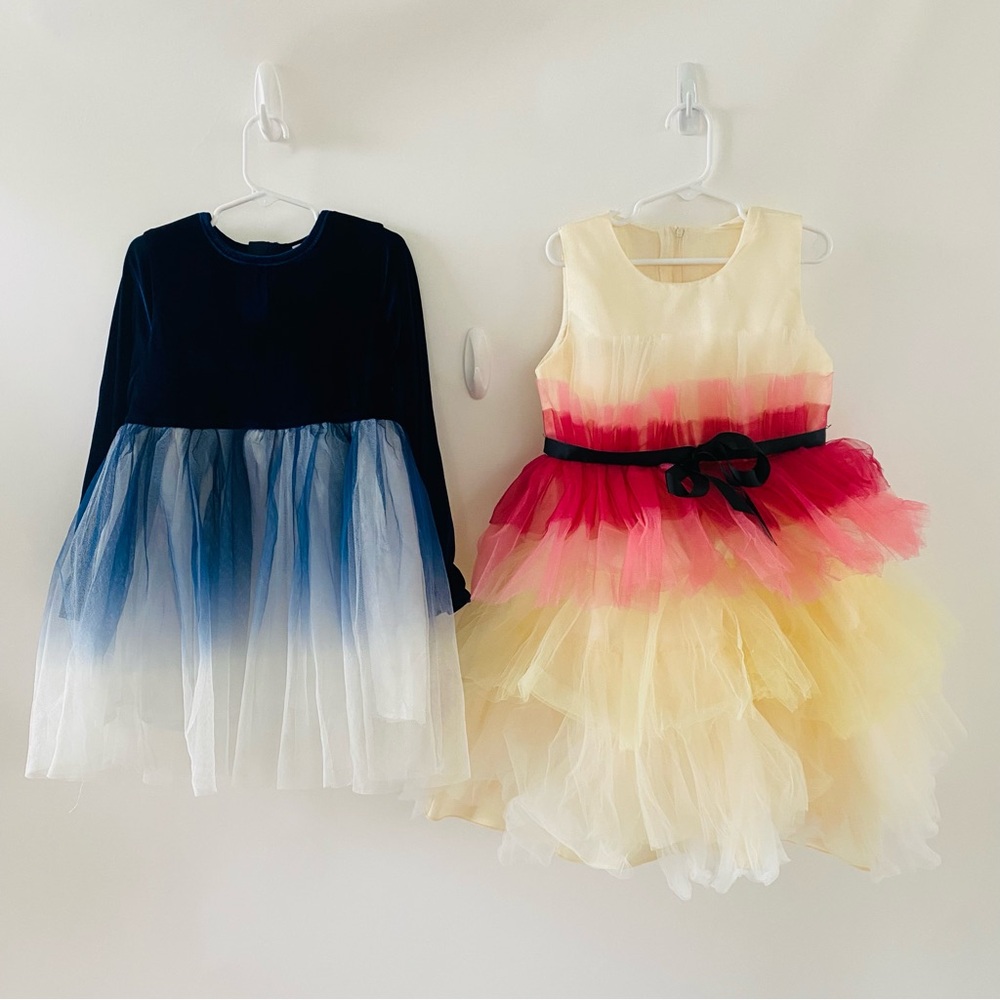 EUC Set of TWO DRESSES Kids Size 6 blue velvet, layered tulle, casual or formal